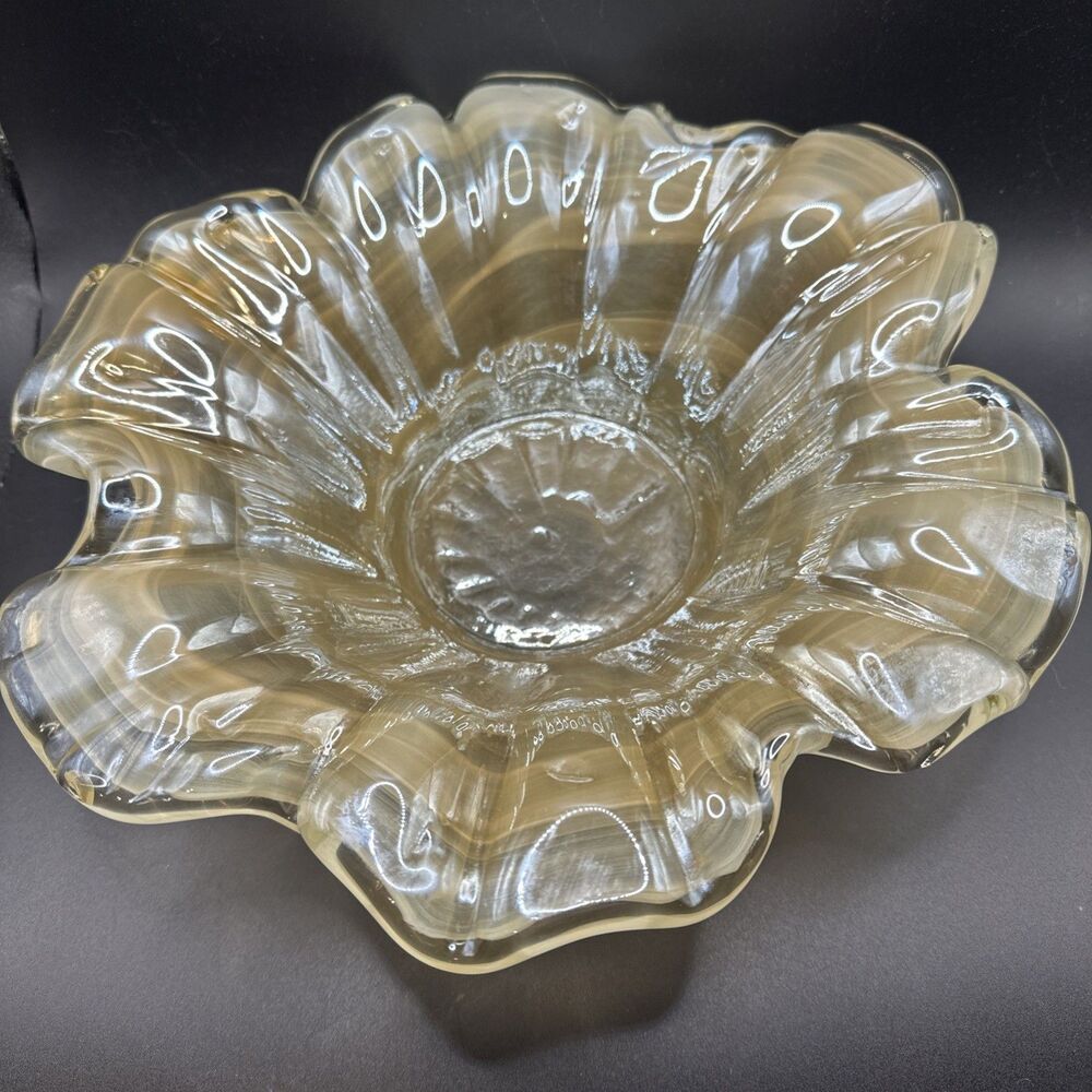Murano Style Hand Blown Glass Heavy Amber Yellow Floral Ruffled Dish Bowl